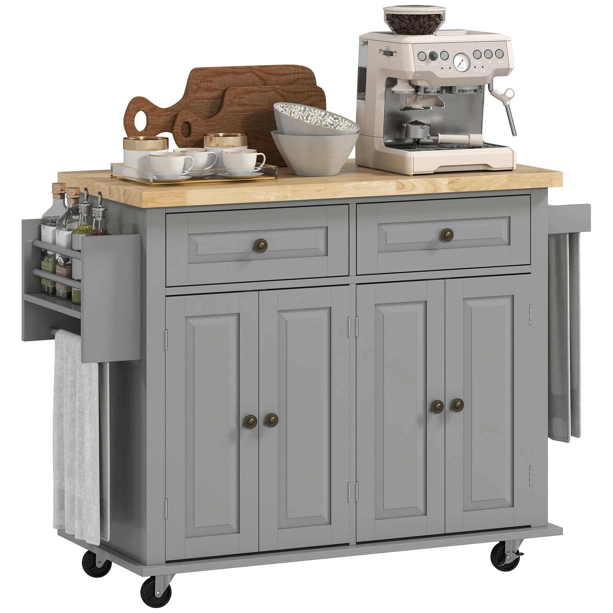 HOMCOM Kitchen Island on Wheels, Rolling Kitchen Storage Trolley with Rubber Wood Top, Drawers, Adjustable Shelves, Towel and Spice Rack for Dining Room, Grey