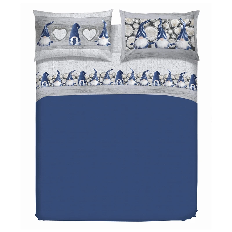 PENSIERI DELICATI Double Bed Set, Flannel, 100% Warm and Soft Cotton, Double 180 x 200 cm, Includes Bottom Sheet, Top and 2 Pillowcases, Made in Italy, Blue Gnome Design