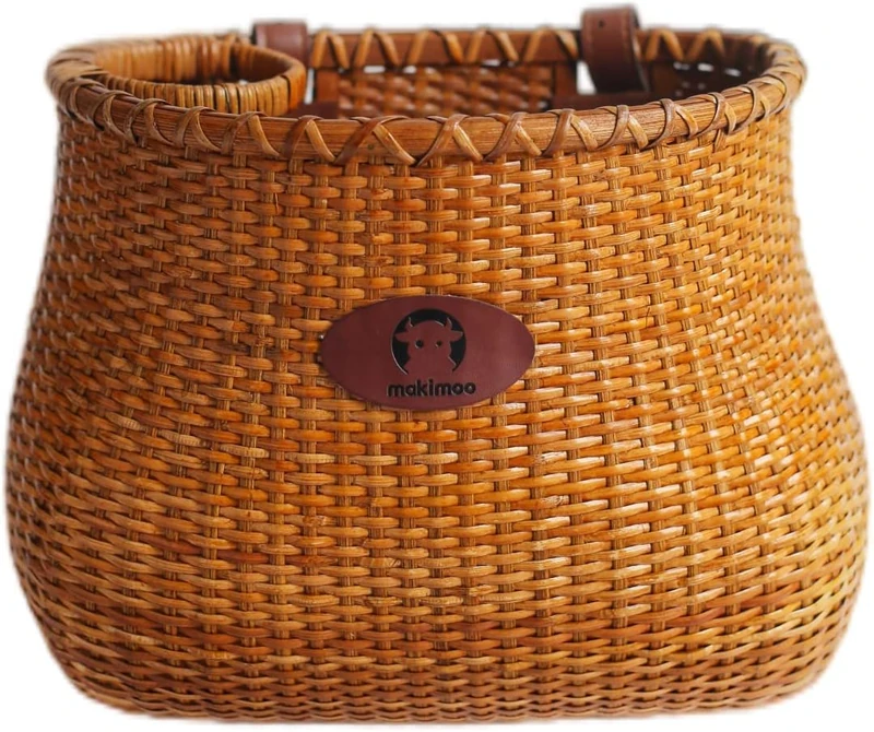 Makimoo Bike Basket for Women's Beach Cruiser or Scooter The Original Wicker Bicycle Baskets with Built in Cup Holder for Front Handlebar-Classic Vintage Style Handmade Natural Rattan Wicker - Image 1