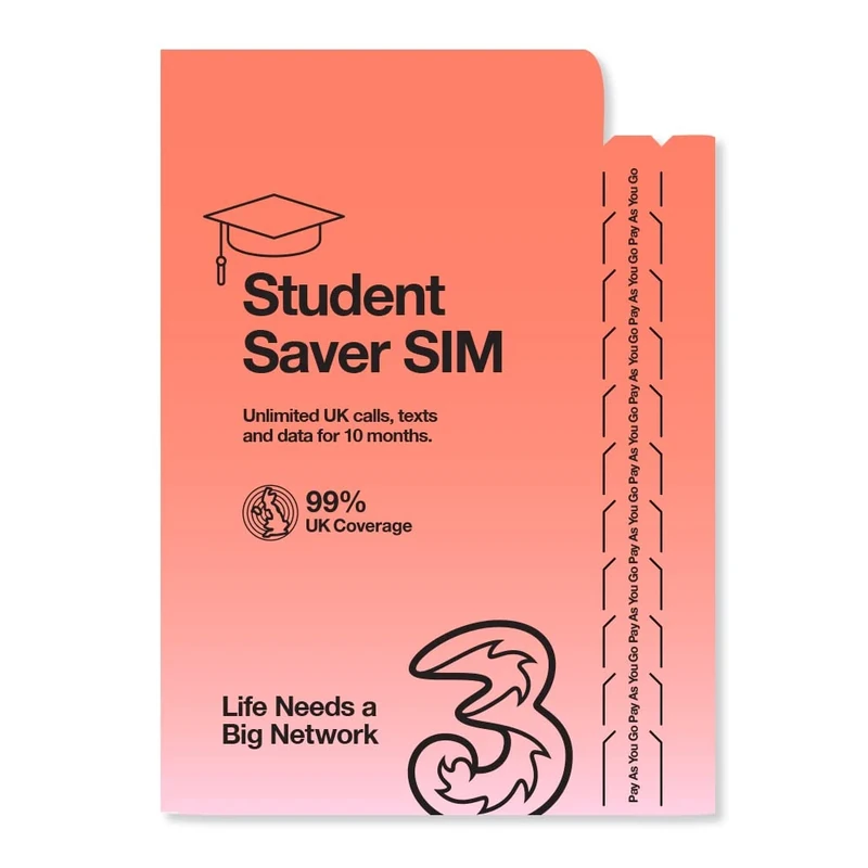 Three 10 Month Unlimited Student Saver Pay As You Go SIM