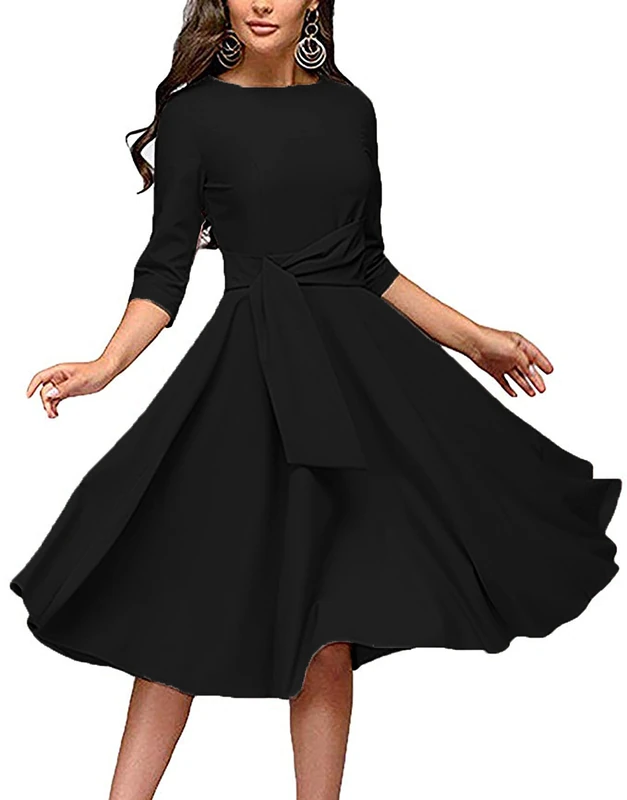 Women's Elegant Swing Midi Dress 3/4 Sleeve Ruched Round Neck with Pockets Pleated Audrey Hepburn Style, Black/White, XXL - Image 1