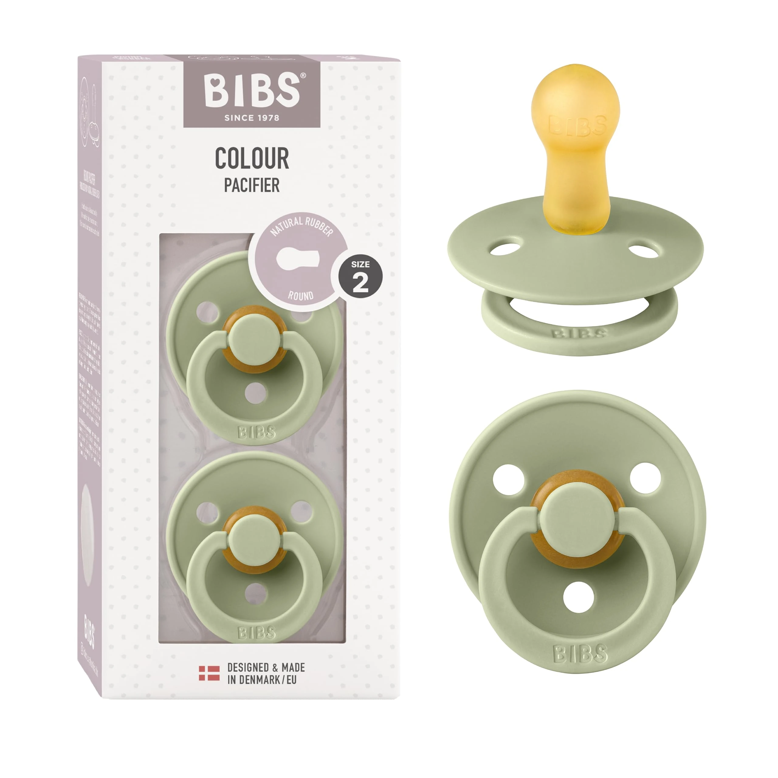 BIBS Colour Soother 2-Pack, BPA Free Dummy Pacifier, Round Nipple. Natural Rubber Latex, Size 2 (6-18 Months), Sage/Sage