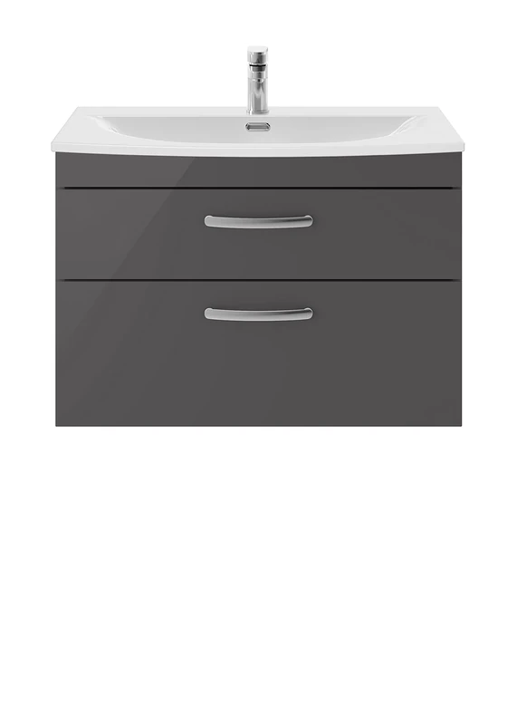 nuie ATH081G Athena Modern Bathroom Wall Hung 2 Soft Close Drawers Vanity Unit with Curved Ceramic Basin with 30mm Profile, 800mm, Gloss Grey