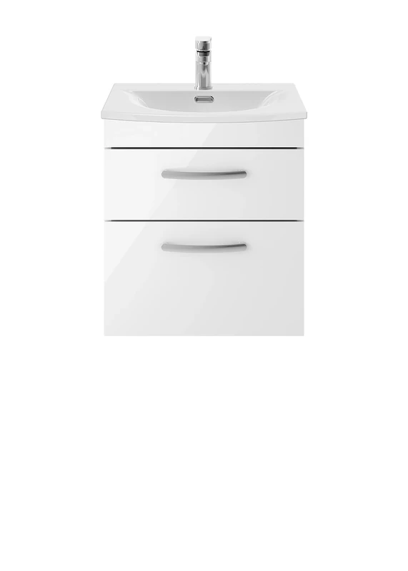 nuie Modern Bathroom Wall Hung 2 Soft Close Drawers Vanity Unit with Curved Ceramic Basin with 30mm Profile, 500mm, Gloss White, Manufactured Wood