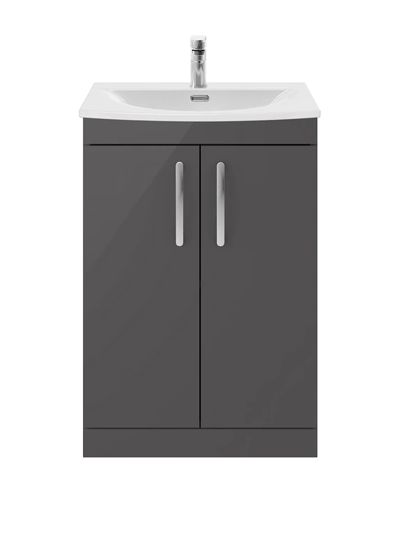 nuie ATH075G Athena Modern Bathroom Floor Standing 2 Soft Close Doors Vanity Unit with Curved Ceramic Basin with 30mm Profile, 600mm, Gloss Grey