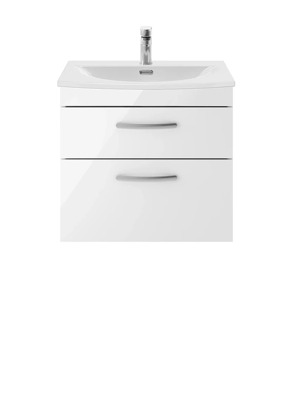 nuie ATH048G Athena Modern Bathroom Wall Hung 2 Soft Close Drawers Vanity Unit with Curved Ceramic Basin with 30mm Profile, 600mm, Gloss White