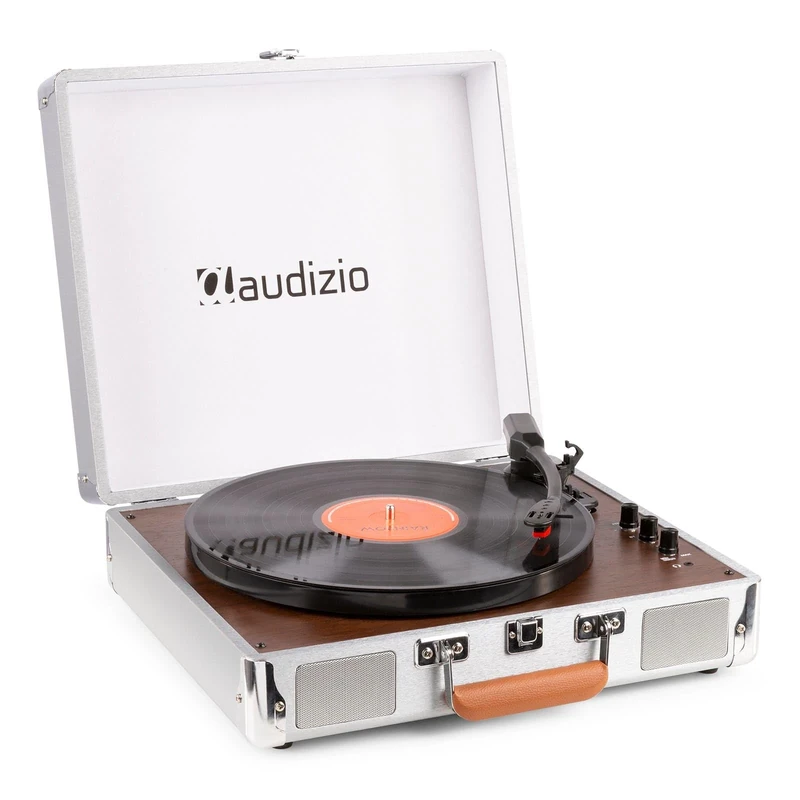 Audizio RP320 Briefcase Vinyl Record Player Turntable with Built-in Speakers, Bluetooth, USB Vinyl to MP3 Digital Conversion, 3-Speed, Aluminium Design