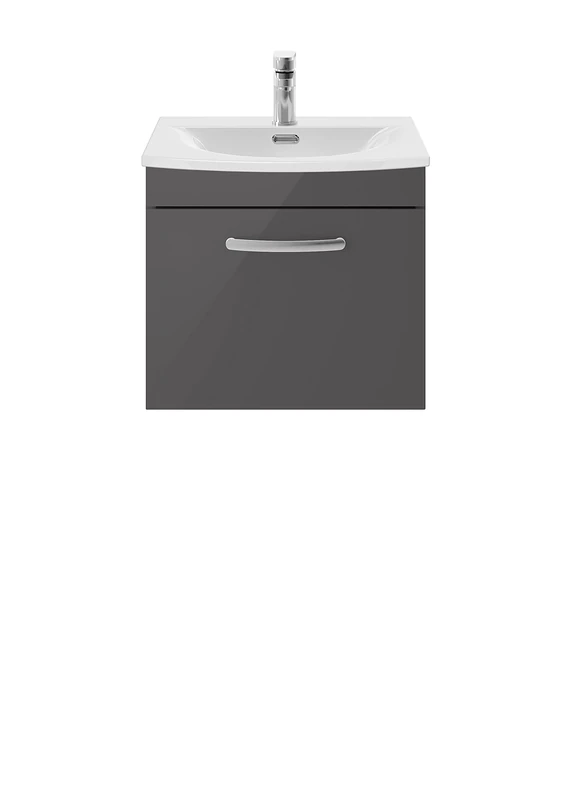 nuie ATH073G Athena Modern Bathroom Wall Hung 1 Soft Close Drawer Vanity Unit with Curved Ceramic Basin with 30mm Profile, 500mm, Gloss Grey