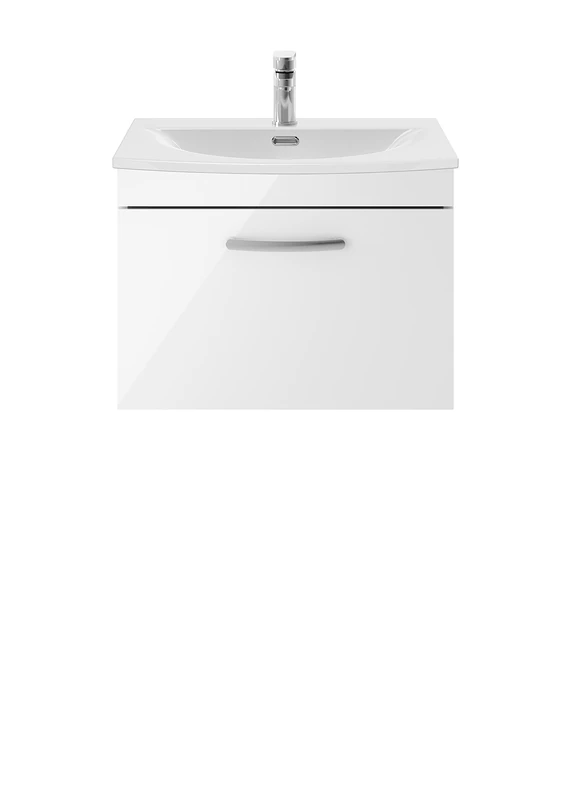 nuie Modern Bathroom Wall Hung 1 Soft Close Drawer Vanity Unit with Curved Ceramic Basin with 30mm Profile, 600mm, Gloss White, Manufactured Wood