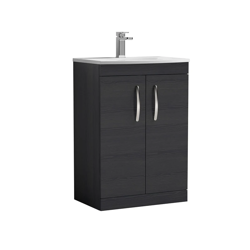 nuie ATH026G Athena Modern Bathroom Floor Standing 2 Soft Close Doors Vanity Unit with Curved Ceramic Basin with 30mm Profile, 600mm, Woodgrain Charcoal Black