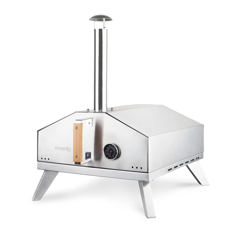 H.Koenig GINO440 Pizza Gas Oven, Stainless Steel, Surface 30.5 x 30.5 cm, Cordierite Pizza Stone, Up to 450 °C, Removable Door and Fireplace, Built-in Thermometer, Integrated Pizza Scoop