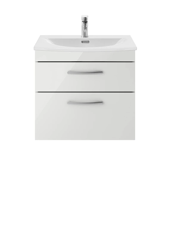 nuie ATH110G Athena Modern Bathroom Wall Hung 2 Soft Close Drawers Vanity Unit with Curved Ceramic Basin with 30mm Profile, 600mm, Gloss Grey Mist