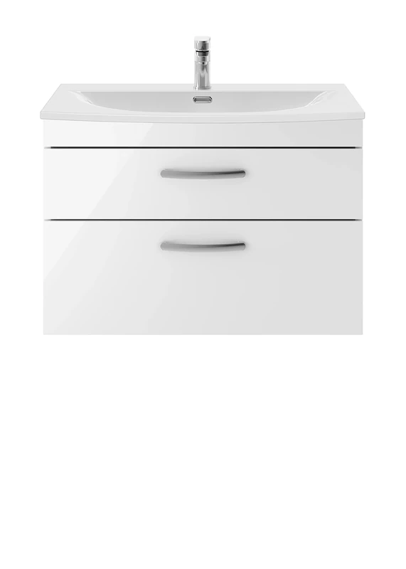 nuie ATH069G Athena Modern Bathroom Wall Hung 2 Soft Close Drawers Vanity Unit with Curved Ceramic Basin with 30mm Profile, 800mm, Gloss White