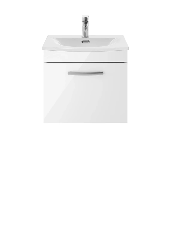 nuie ATH013G Athena Modern Bathroom Wall Hung 1 Soft Close Drawer Vanity Unit with Curved Ceramic Basin with 30mm Profile, 500mm, Gloss White