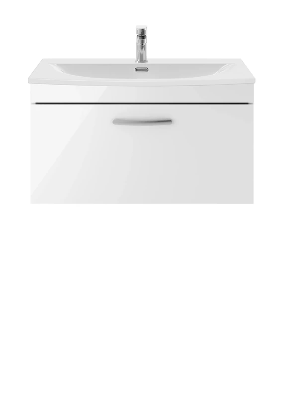 nuie ATH062G Athena Modern Bathroom Wall Hung 1 Soft Close Drawer Vanity Unit with Curved Ceramic Basin with 30mm Profile, 800mm, Gloss White
