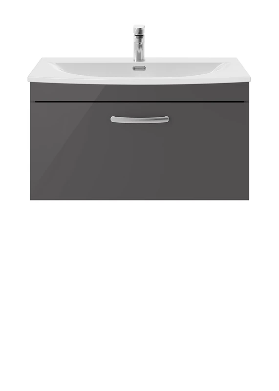 nuie ATH080G Athena Modern Bathroom Wall Hung 1 Soft Close Drawer Vanity Unit with Curved Ceramic Basin with 30mm Profile, 800mm, Gloss Grey
