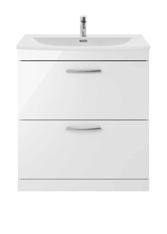nuie ATH055G Athena Modern Bathroom Floor Standing 2 Soft Close Drawers Vanity Unit with Curved Ceramic Basin with 30mm Profile, 800mm, Gloss White