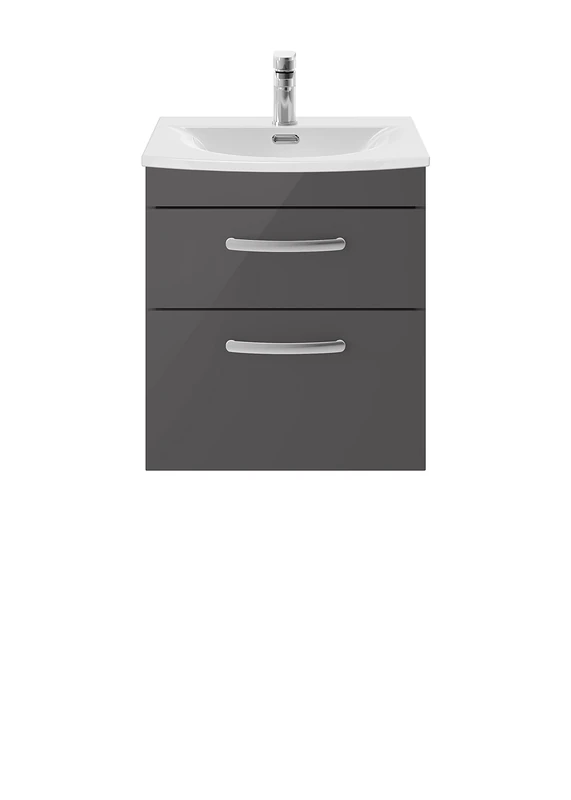 nuie ATH074G Athena Modern Bathroom Wall Hung 2 Soft Close Drawers Vanity Unit with Curved Ceramic Basin with 30mm Profile, 500mm, Gloss Grey