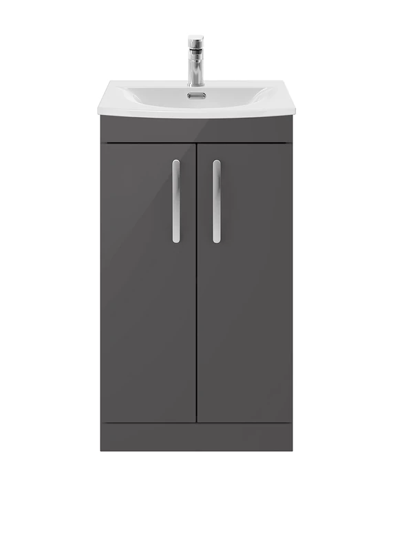 nuie ATH072G Athena Modern Bathroom Floor Standing 2 Soft Close Doors Vanity Unit with Curved Ceramic Basin with 30mm Profile, 500mm, Gloss Grey