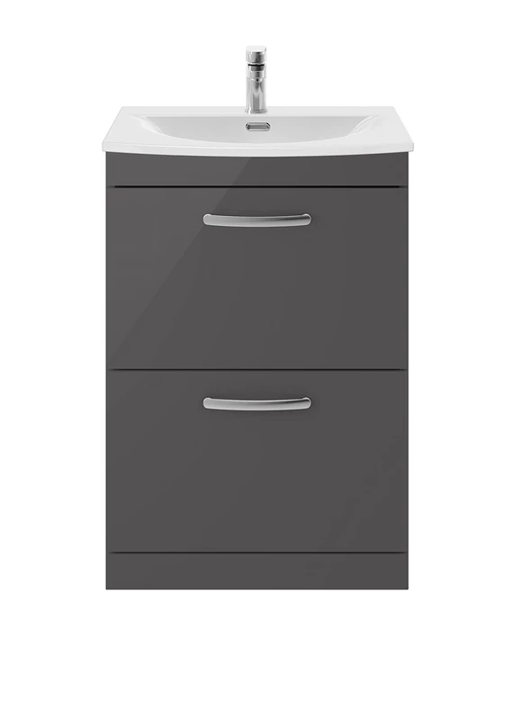 nuie ATH076G Athena Modern Bathroom Floor Standing 2 Soft Close Drawers Vanity Unit with Curved Ceramic Basin with 30mm Profile, 600mm, Gloss Grey