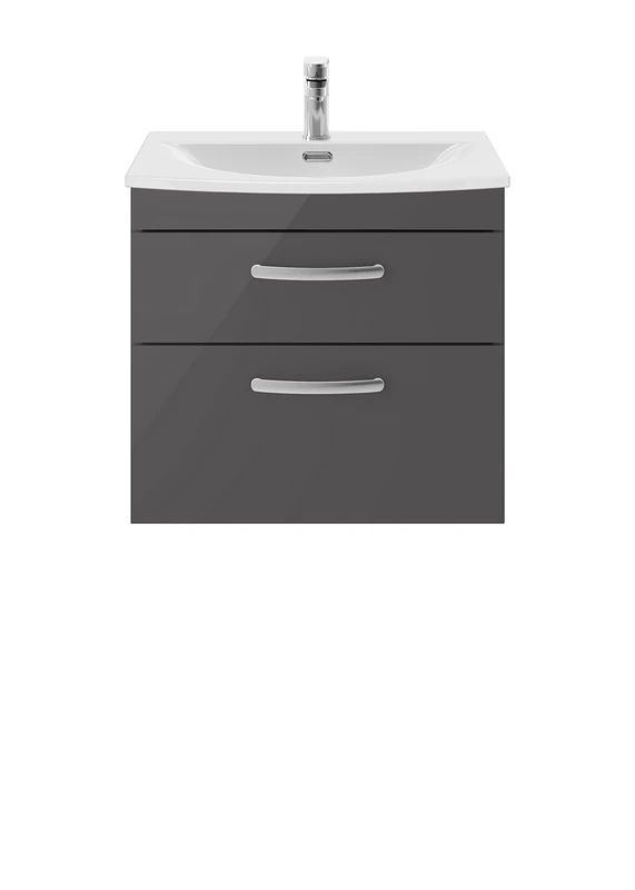 nuie ATH078G Athena Modern Bathroom Wall Hung 2 Soft Close Drawers Vanity Unit with Curved Ceramic Basin with 30mm Profile, 600mm, Gloss Grey
