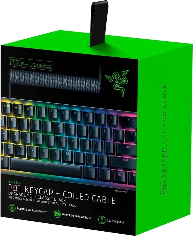 Razer PBT Keycap Upgrade Set with Coiled Cable - Backlight Compatible (Superior PBT Shine Resistant Material, Doubleshot Molding with Ultra Thin Font, Coiled Cable) Black | US Layout - Image 1