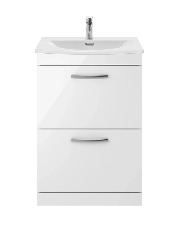 nuie ATH034G Athena Modern Bathroom Floor Standing 2 Soft Close Drawers Vanity Unit with Curved Ceramic Basin with 30mm Profile, 600mm, Gloss White