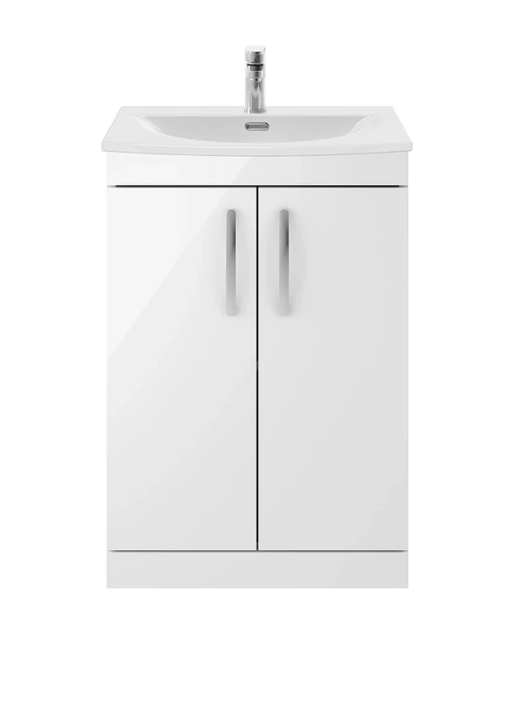 nuie Modern Bathroom Floor Standing 2 Soft Close Doors Vanity Unit with Curved Ceramic Basin with 30mm Profile, 600mm, Gloss White, Manufactured Wood
