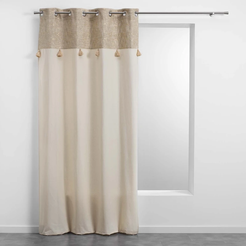 Douceur d'Intérieur, New Sultan Curtain with Eyelets (140 x 240 cm) Gold, Polycotton Metallic Top Finish and Pompom, Natural