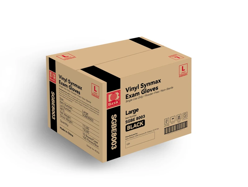 Basic Disposable Medical Synmax Vinyl Exam Gloves- 1000pcs - Latex-Free & Powder-Free - Large, Black Color