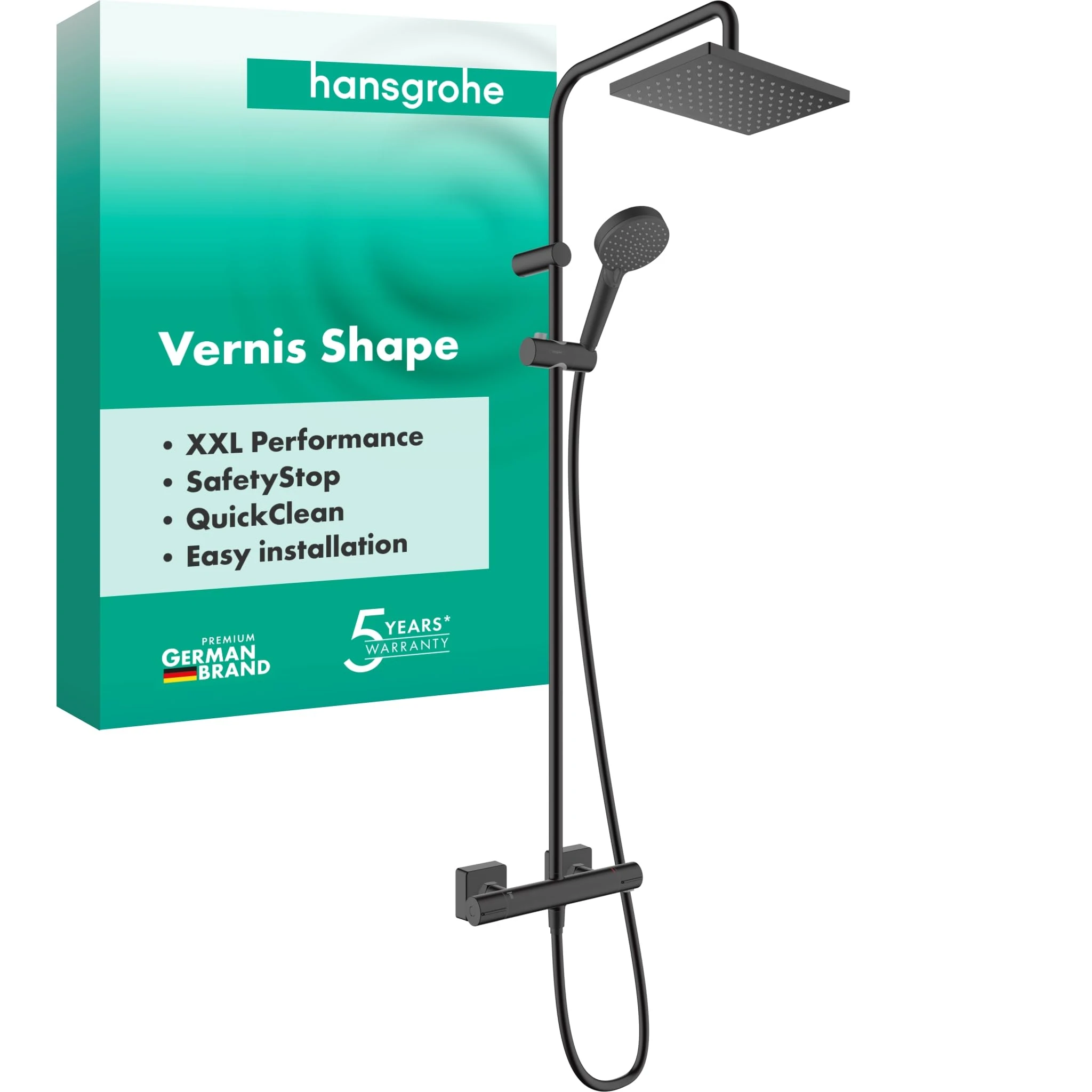 hansgrohe Vernis Shape - Rainfall Showerhead (230 x 170 mm), Hand Shower (2 Sprays), Matt Black, 26286670