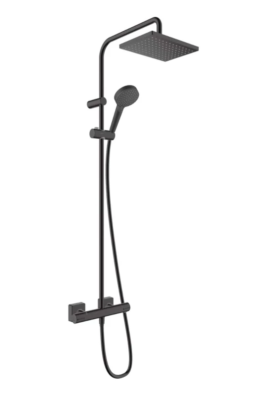hansgrohe Vernis Shape - water-saving shower system (EcoSmart) with thermostat, rainfall shower head (230 x 170 mm), hand shower (2 sprays), shower hose, shower rail and head shower square (1 spray), matt black