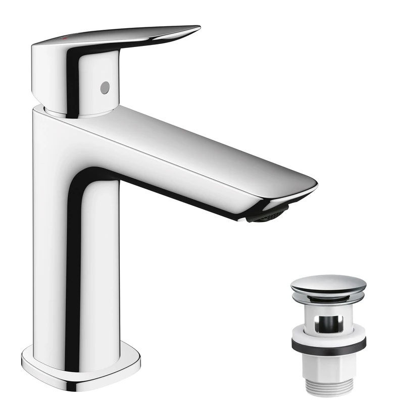 hansgrohe Logis Fine - bathroom tap with push-open waste set, bathroom sink tap with spout height 110 mm, basin mixer tap water-saving (EcoSmart), chrome, 71252000