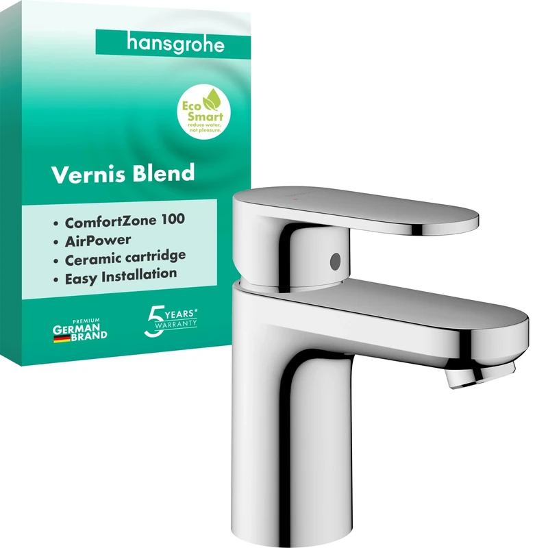 hansgrohe Vernis Blend - bathroom tap without waste, bathroom sink tap with spout height 88 mm, basin mixer tap water-saving (EcoSmart), chrome, 71580000
