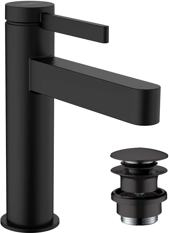 hansgrohe Finoris Basin Mixer Tap 110 Energy-Saving with push-open waste set, matt black, 76024670