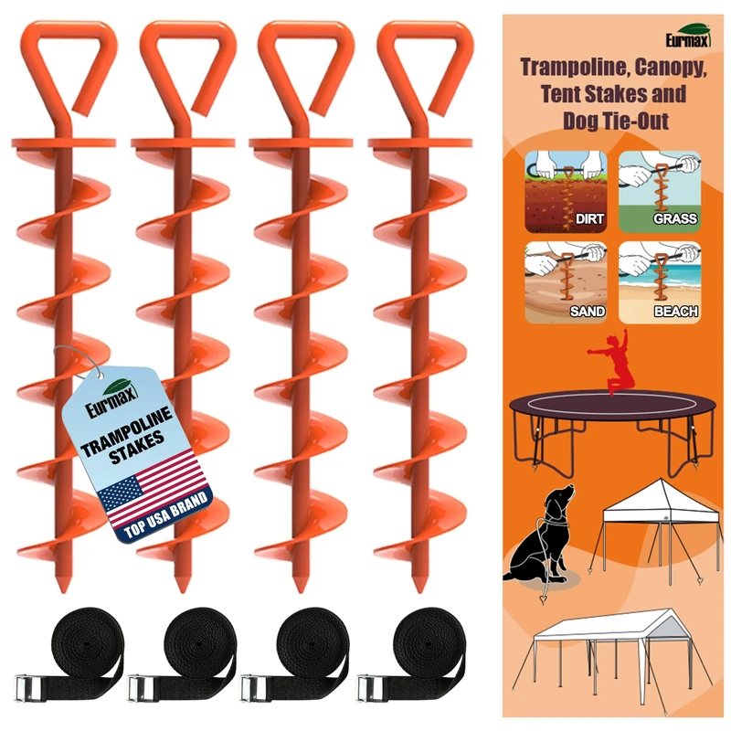 Eurmax 10PC Pack 12 inch Multiuse Heavy Duty Steel Tent Stakes Tarp Pegs Camping Stakes for Outdoor Camping Canopy and tarp with 4 Ropes 10FT Length(Orange)