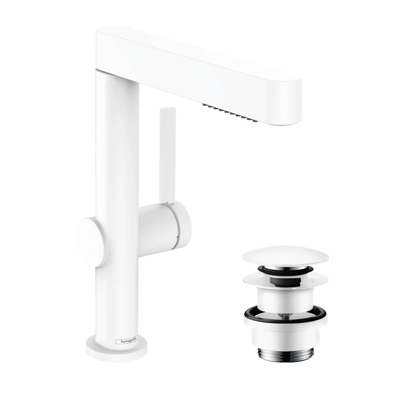hansgrohe Finoris - bathroom tap with push-open waste set, bathroom sink tap with spout height 230 mm, basin mixer tap water-saving (EcoSmart), matt white, 76063700