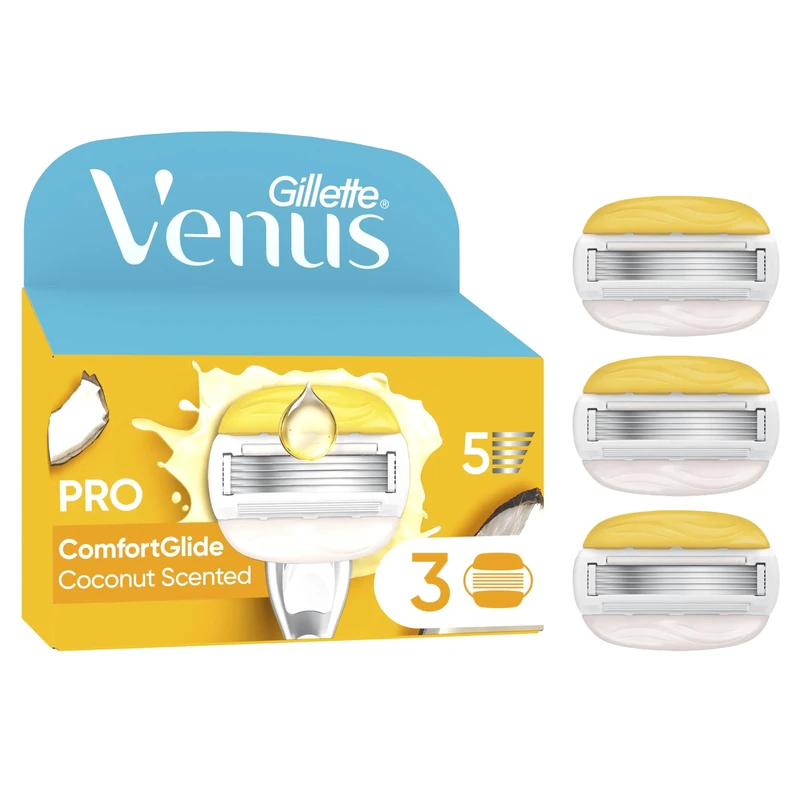Gillette Venus Pro ComfortGlide Coconut Scented Women’s Blades with Olay Moisturiser, 3 Refill Razor Cartridges, Reusable Metal Handle