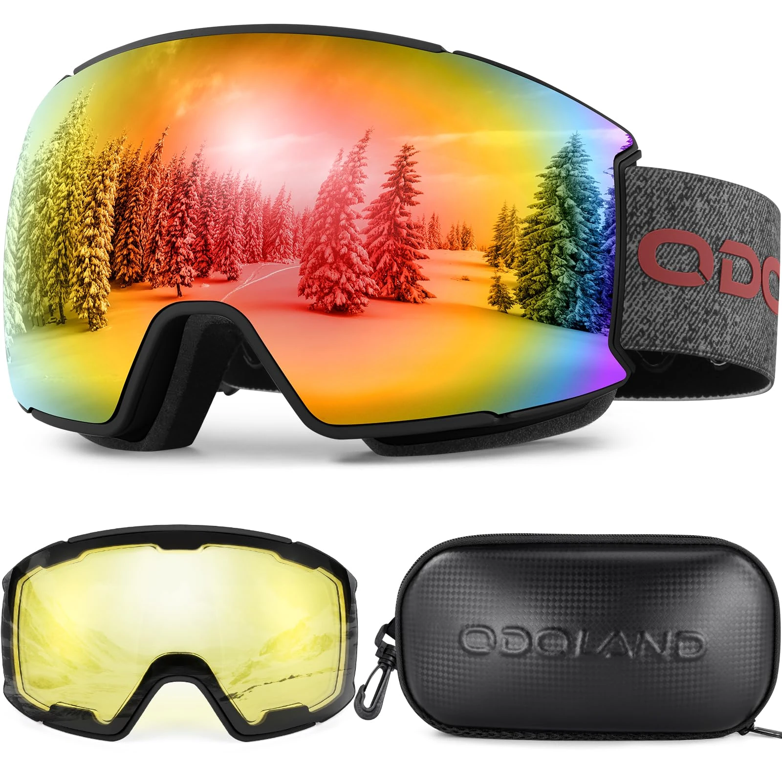 Odoland OTG Ski Goggles Set with Detachable Lens, Interchangeable Lens, Anti-Fog 400 UV Protection Snow Goggles for Men and Women, Helmet Compatible BR