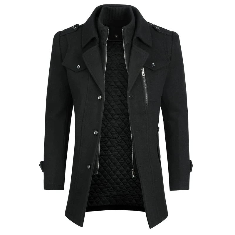 YOUTHUP Mens Wool Coats Casual Thick Short Winter Trench Coat Regular Fit Peacoat with Detachable Inner Collar, Black-thick, S