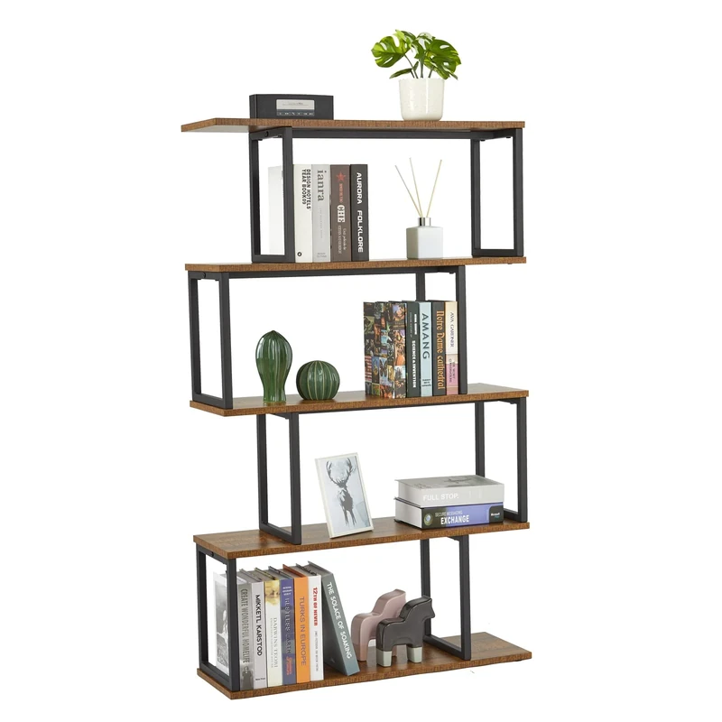 Mondeer Bookcase, 5-Tier S Shaped Bookshelf, Storage Shelving Unit, Industrial Display Shelf for Living Room, Bedroom, Home Office, Plant, 76 x 24 x 127.5 cm, Rustic Brown