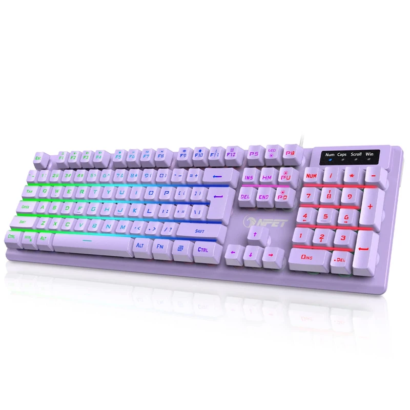 NPET K10 Wired Gaming Keyboard, RGB Backlit, Spill-Resistant Design, Multimedia Keys, Quiet Silent USB Membrane Keyboard for Desktop, Computer, PC (Purple) - Image 1