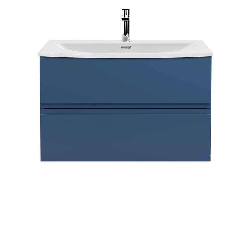 Hudson Reed URB306G Urban Modern Bathroom Wall Hung 2 Soft Close Drawers Vanity Unit with Round Ceramic Basin with 30mm Profile, 800mm, Satin Blue