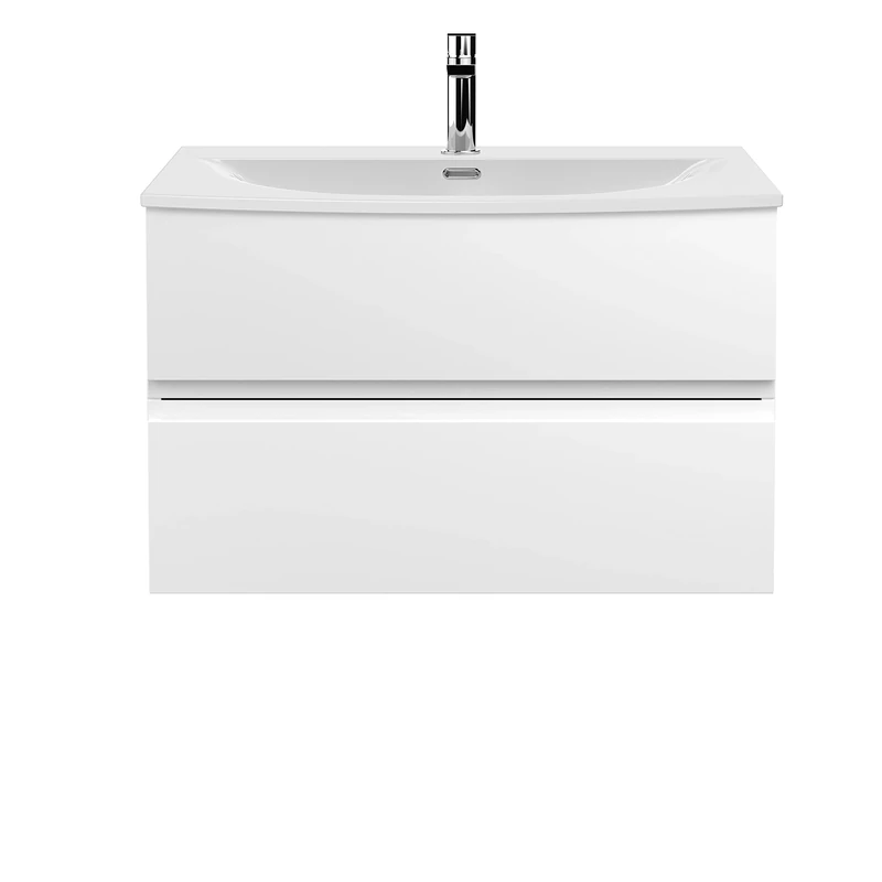 Hudson Reed URB106G Urban Modern Bathroom Wall Hung 2 Soft Close Drawers Vanity Unit with Round Ceramic Basin with 30mm Profile, 800mm, Satin White