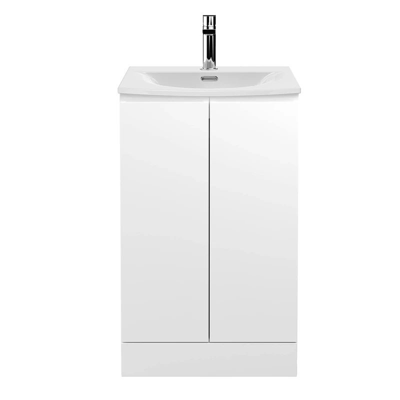 Hudson Reed Modern Bathroom Floor Standing 2 Soft Close Doors Vanity Unit with Round Ceramic Basin with 30mm Profile, 500mm, Satin White, Wood