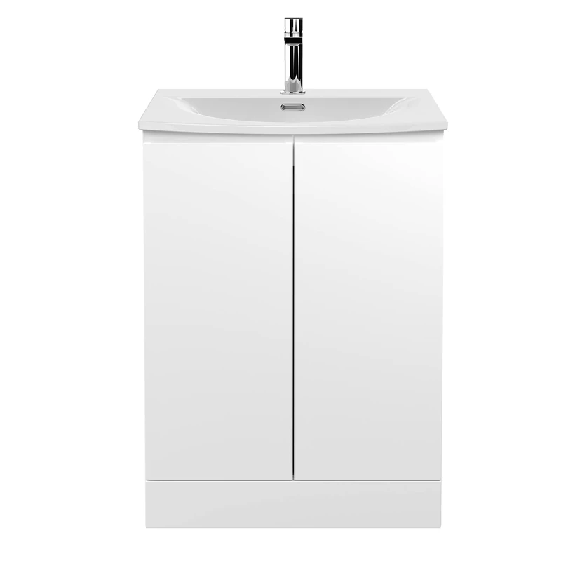 Hudson Reed URB108G Urban Modern Bathroom Floor Standing 2 Soft Close Doors Vanity Unit with Round Ceramic Basin with 30mm Profile, 600mm, Satin White