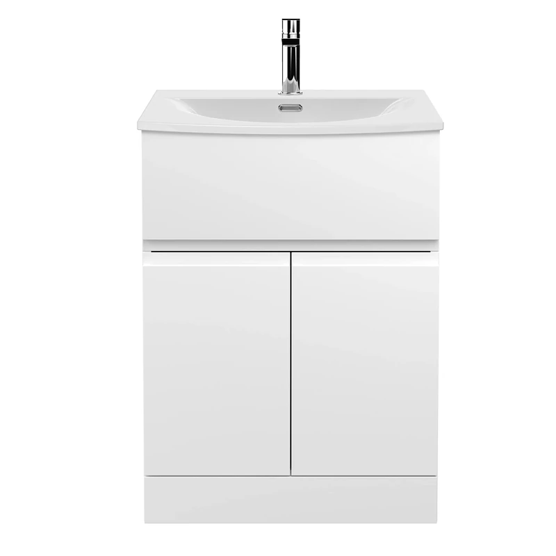 Hudson Reed URB103G Urban Modern Bathroom Floor Standing 2 Soft Close Doors and 1 Drawer Vanity Unit with Round Ceramic Basin with 30mm Profile, 600mm, Satin White