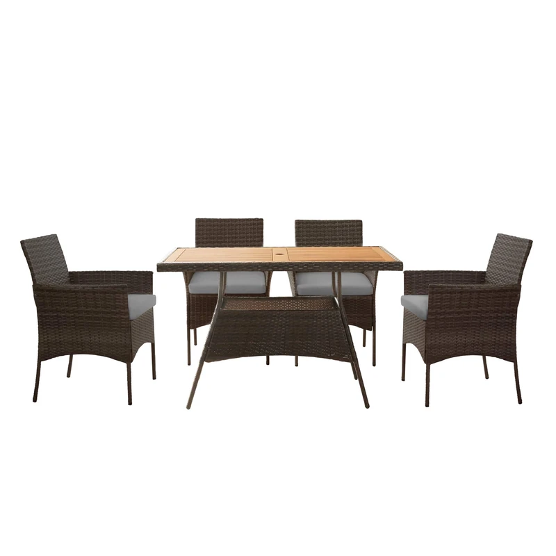 Teamson Home 5 Piece Outdoor Patio Furniture Dining Set, Rattan Garden Table & 4 Chairs with Removeable Cushions, Weather-Resistant, Brown/Grey