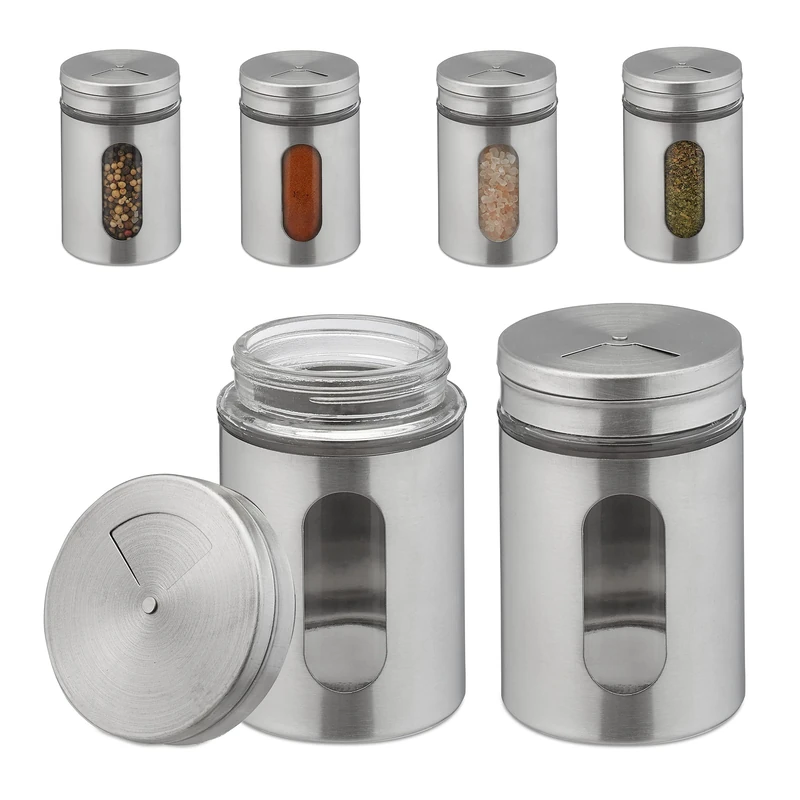 Relaxdays spice jars, set of 6, 3 shaker functions, herbs & spices, XL spice shakers, glass & stainless steel, silver