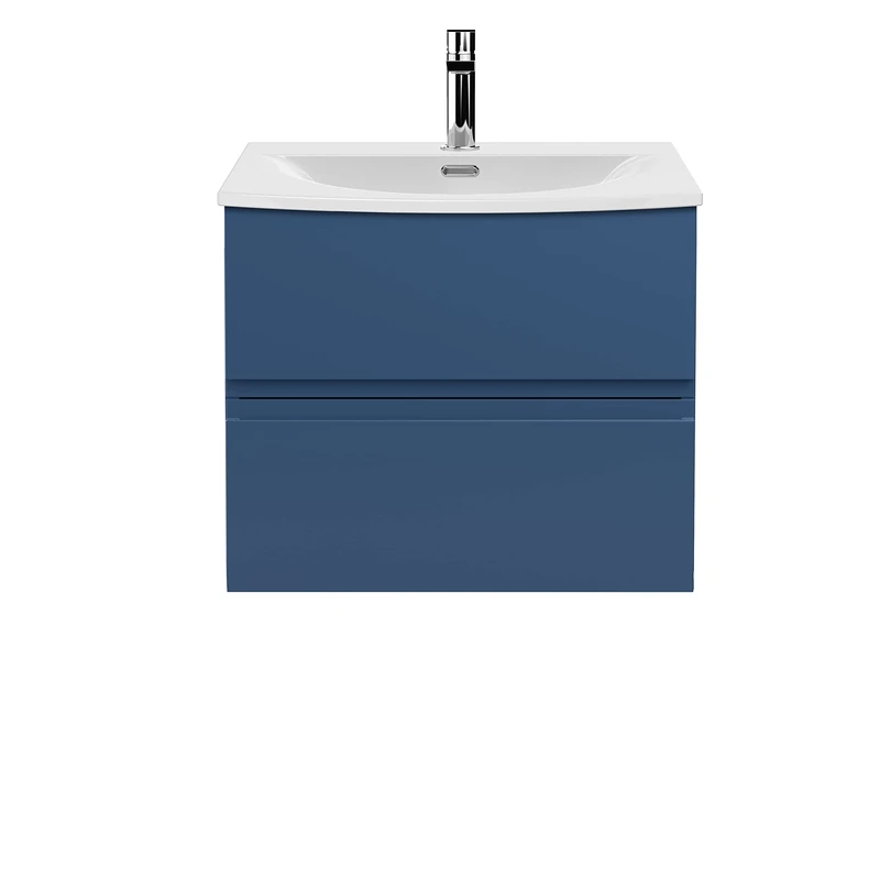 Hudson Reed URB304G Urban Modern Bathroom Wall Hung 2 Soft Close Drawers Vanity Unit with Round Ceramic Basin with 30mm Profile, 600mm, Satin Blue - Image 1